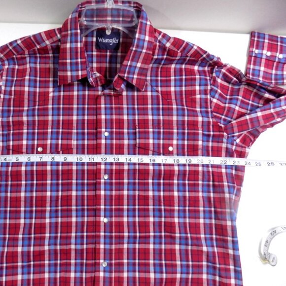 Wrangler Men's Red, White & Blue Plaid Pearl Snap Long Sleeve Shirt – Size: L - Picture 7 of 10